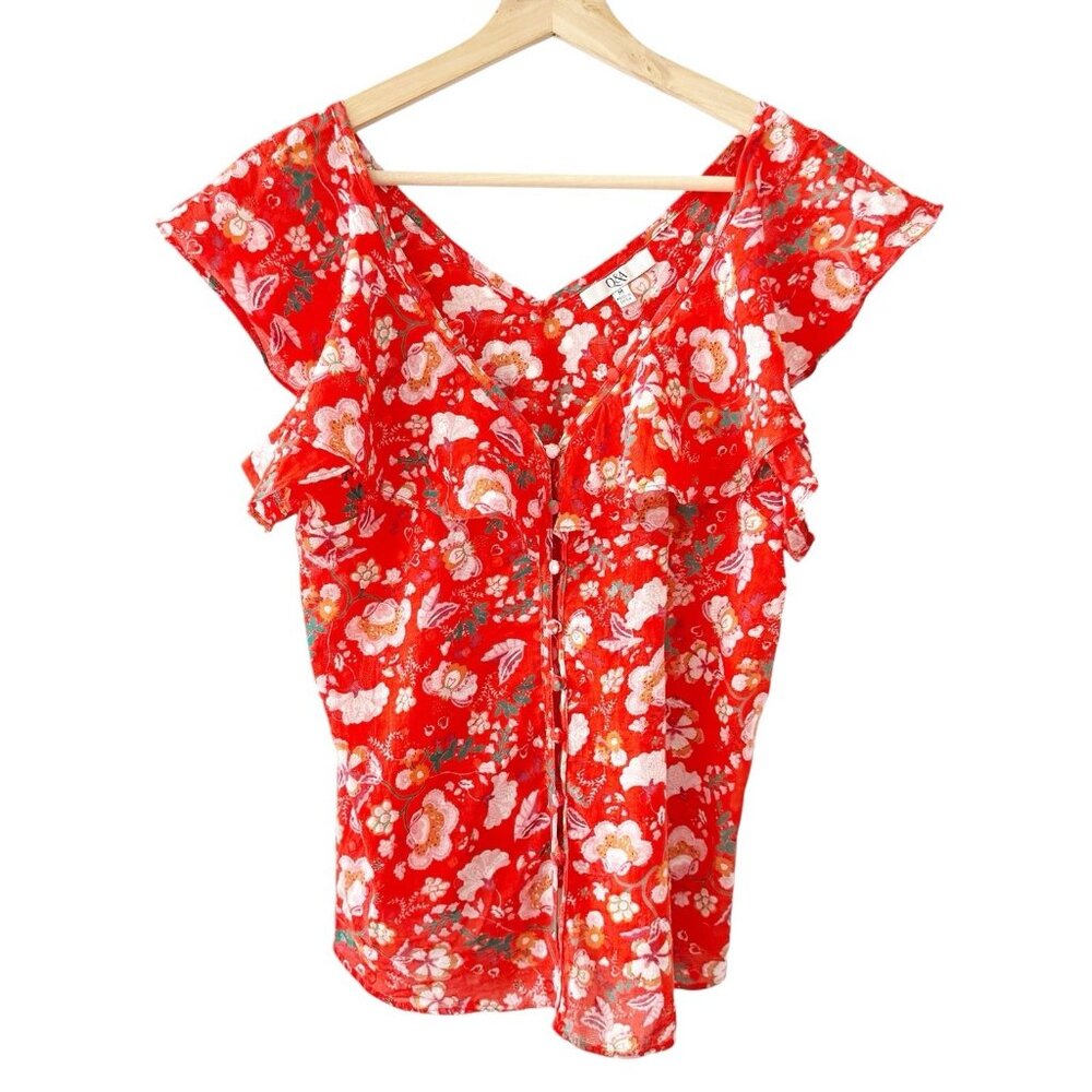 Q&A Women’s 100% Cotton Red Floral Ruffle Short Sleeve Top Button V-Neck Blouse‎